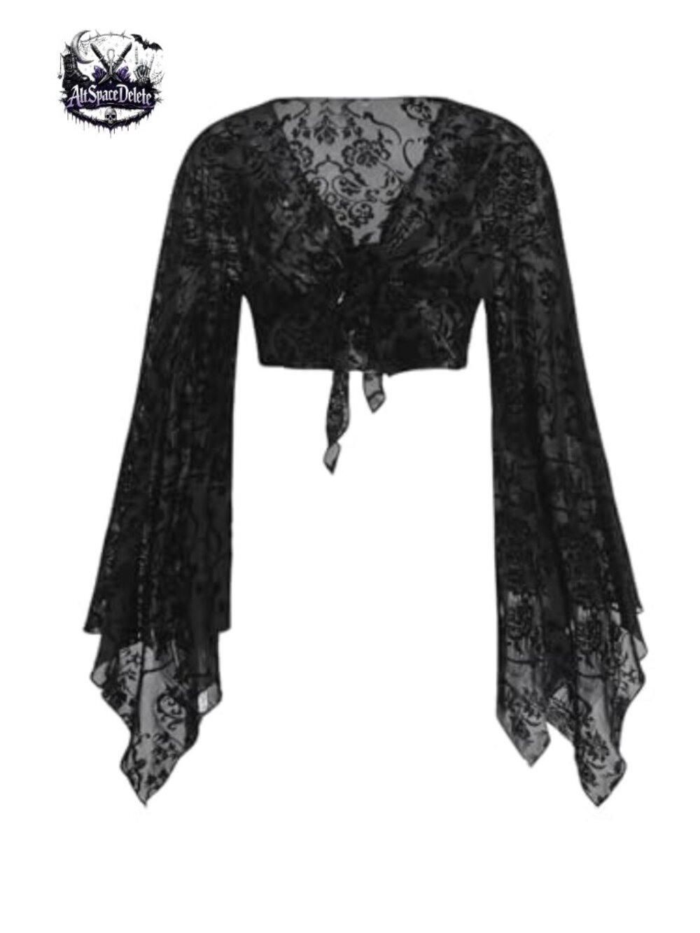 Plus Size Tie Front Bell Long Sleeve Mesh Blouse Crop Top Grunge Gothic